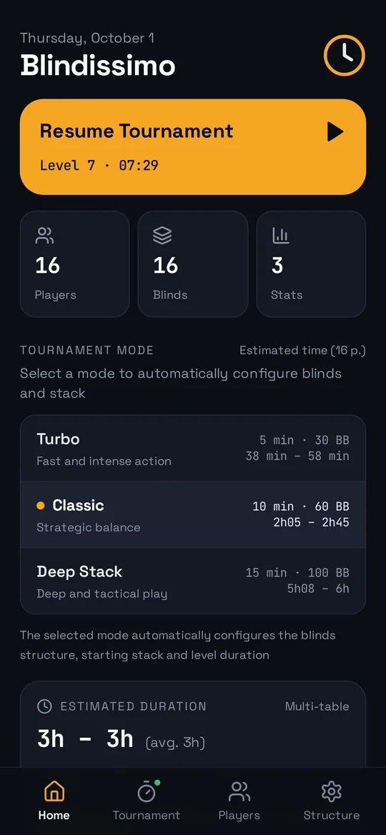 Home screen: resume the running tournament, Turbo, Classic and Deep Stack structures with their estimated duration.